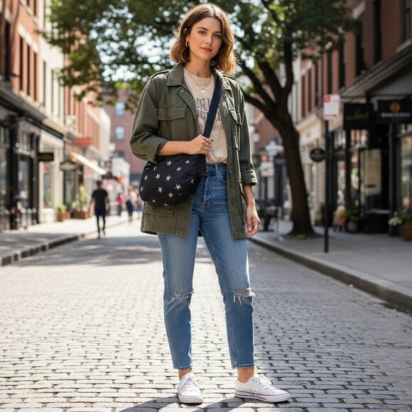 BAGGU Medium Nylon Crescent Bag NWT | Black Star Print | Recycled Nylon - Picture 3 of 16